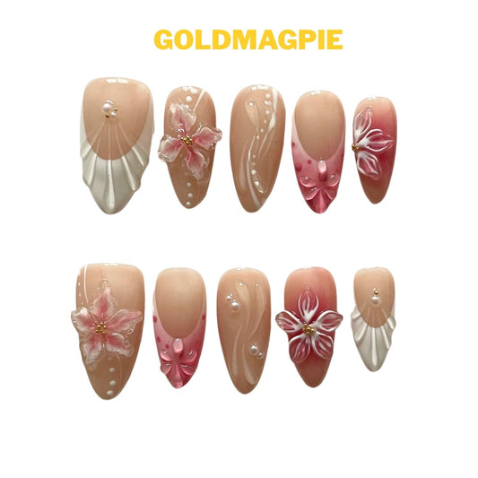 Carved Floral  White-Nude-Pink Medium Almond C12