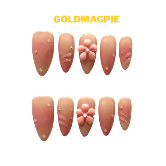 Carved Floral Gradient Nude Pink Medium Almond with Water Drop Art and Rhinestones C5M