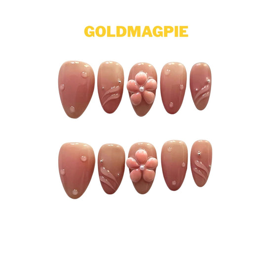 Carved Floral Gradient Nude Pink Short Almond with Water Drop and Rhinestones C5S