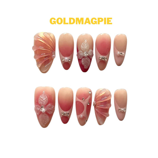 Carved Floral Pink Nude with Rhinestone Medium Almond C6M