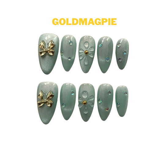 Carved Floral Emerald Green Golden Floral Medium Almond C10