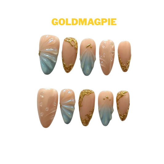 Carved Floral Gold & Light Blue Medium Almond  C14