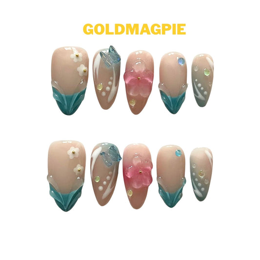 Carved Floral Nude Base, Blue Fingertips, Light Pink Floral Medium Almond C3