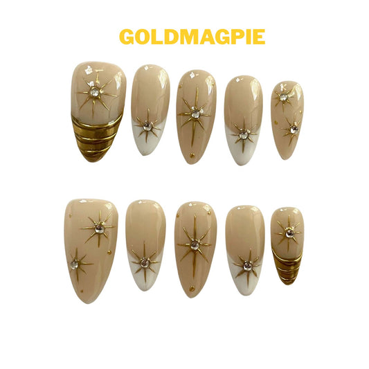 High-End Hand-Painted Medium Almond Nude Base with Golden Star & Rhinestone B6