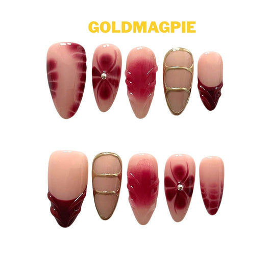 High-End Hand-Painted Nude Base Red Ombre Floral Medium Almond with Red & Golden Embellishments B7