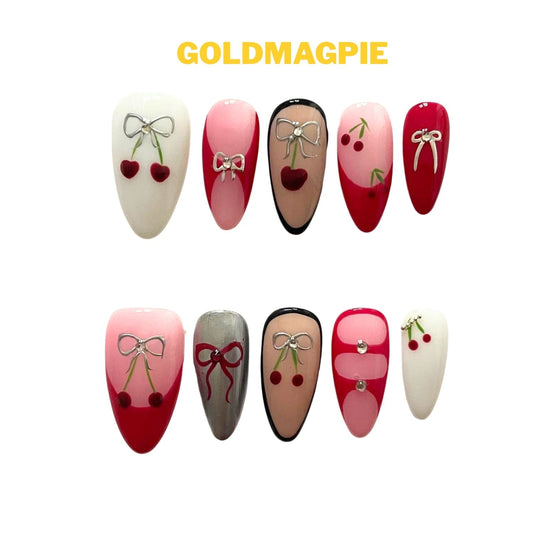 High-End Cherry Bow Hand-Painted Press-on Nails B8