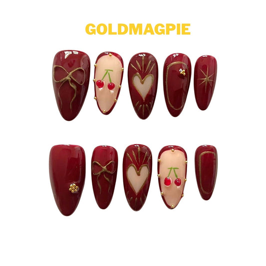 High-End Hand-Painted, Medium Almond, Wine Red/Deep Berry B1