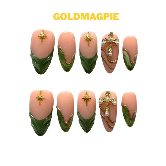 High-End Hand-Painted Medium Almond Nude Base & Green Swirl with Gold Cross B3