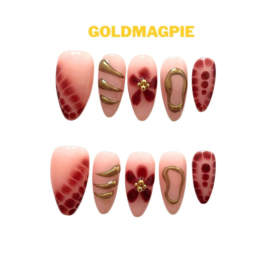 High-End Hand-Painted Medium Almond Nude Base Red and Golden Accents B4
