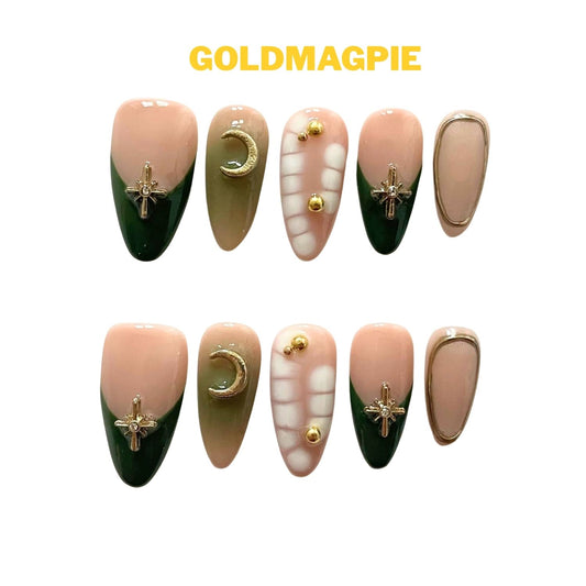 High-End Hand-Painted Medium Almond Nude Base with Green & Gold Embellishments B5
