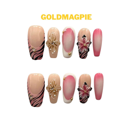 Carved Floral Pink Zebra Medium Almond D1