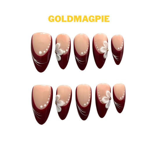 Carved Floral Nude Base Burgundy Medium Almond D2